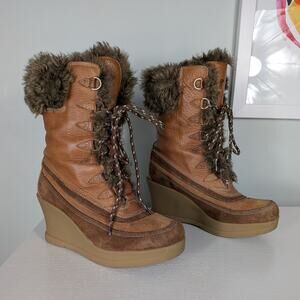 Vintage Report Boots 8.5 Brown Y2K Faux Fur Leather Lace Up Chunky Wedge Snow